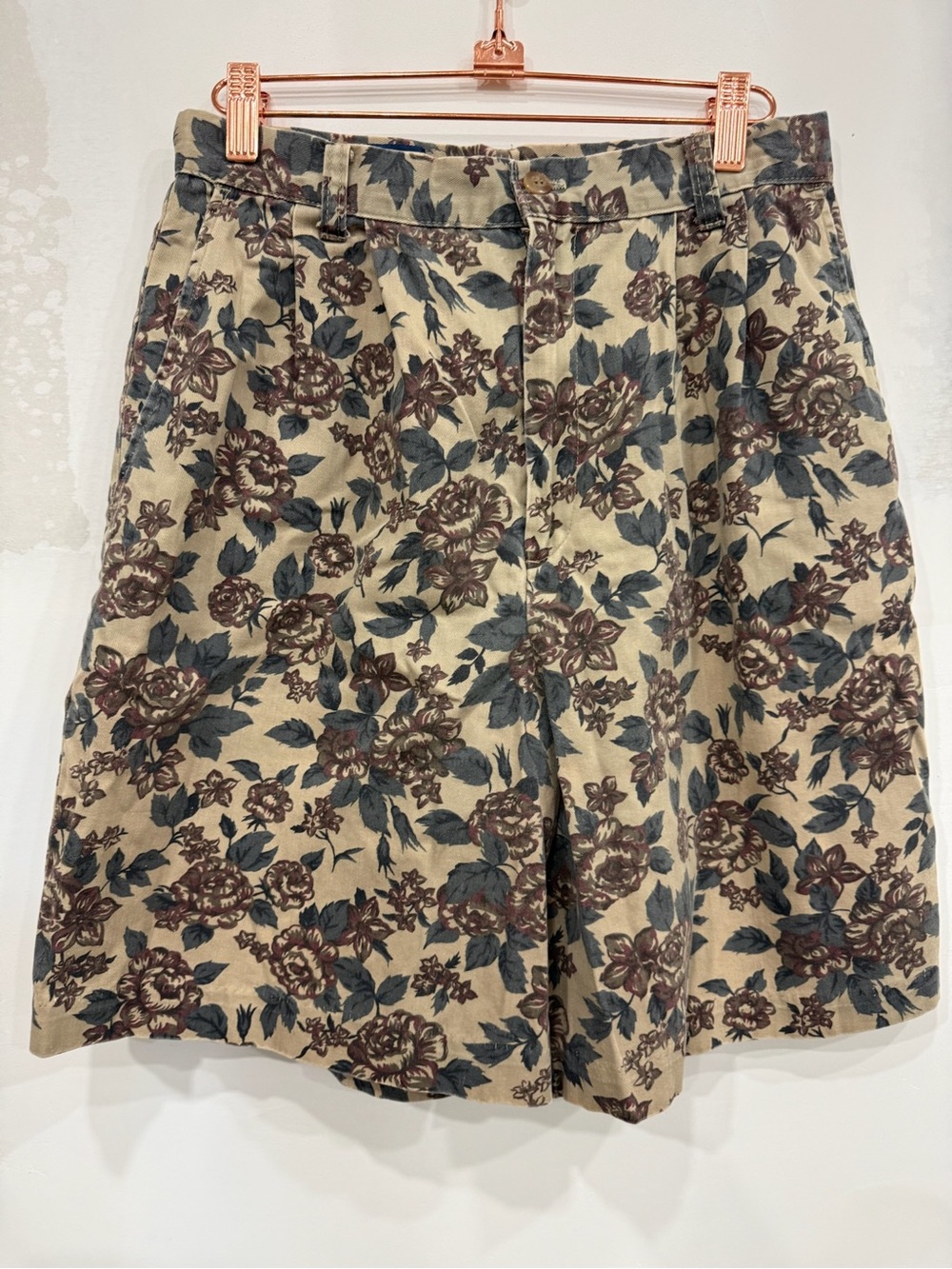 Essentials Beige Floral High-Waist Shorts with Brown & Green Print